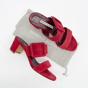 Manolo Blahnik Titubanew Red Suede Open Toe Buckle Mule Sandals Heels IT 37